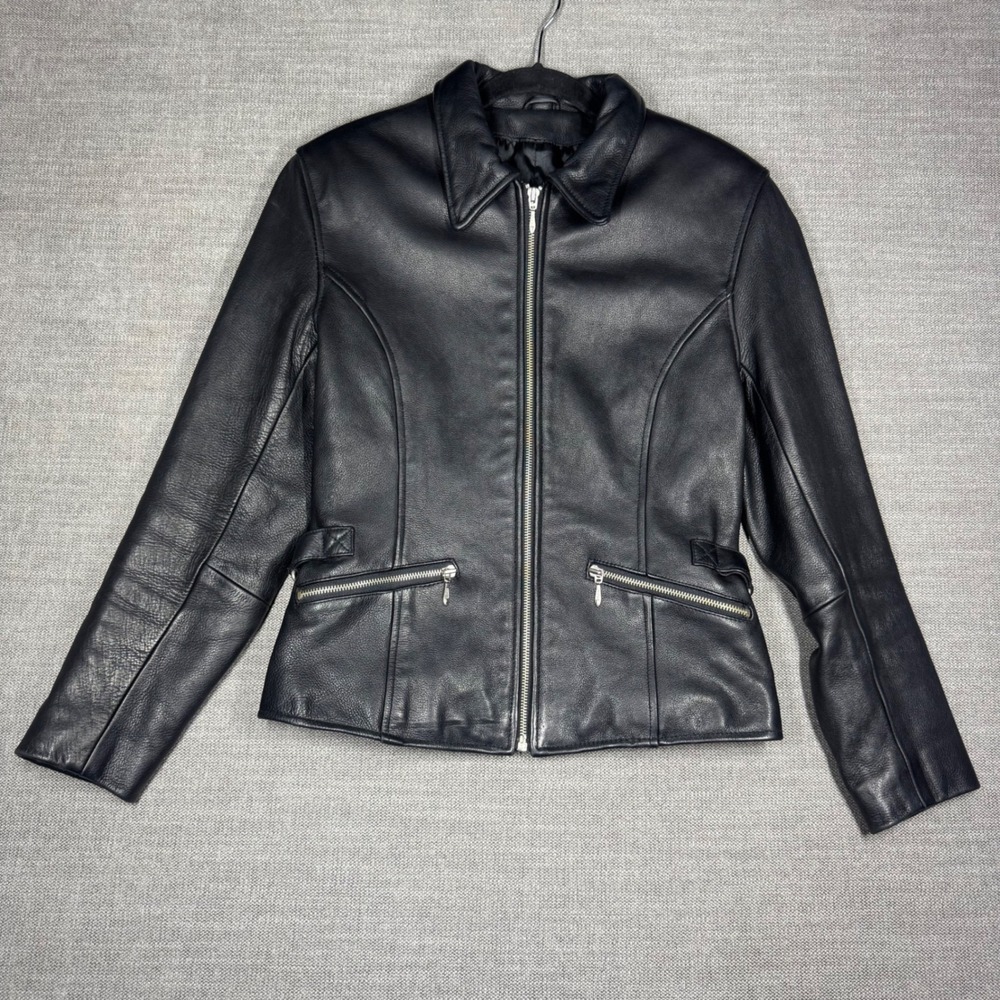 Wilsons The Leather Experts Vintage Black Leather Moto Jacket Womens Small Heavy
